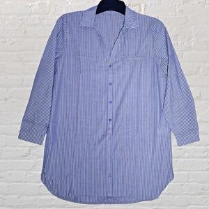 LIPSLIDE Long Sleeve Blue White Pinstripe Tunic Top Button Down‎ Size S NWOT